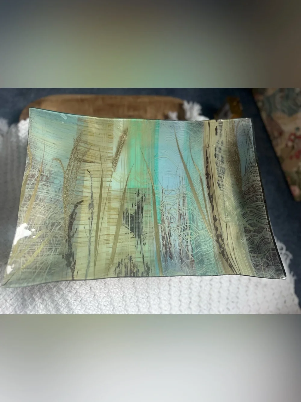 Turquoise & Beige Abstract Glass Tray